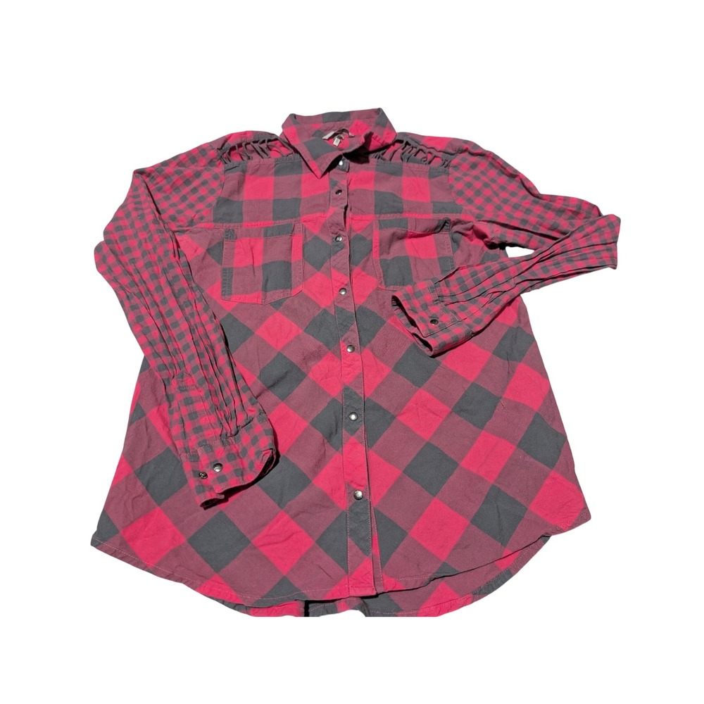 BKE Button Down Women M Red Buffalo Plaid Eased Shoulder Cutout‎ Grunge Shirt